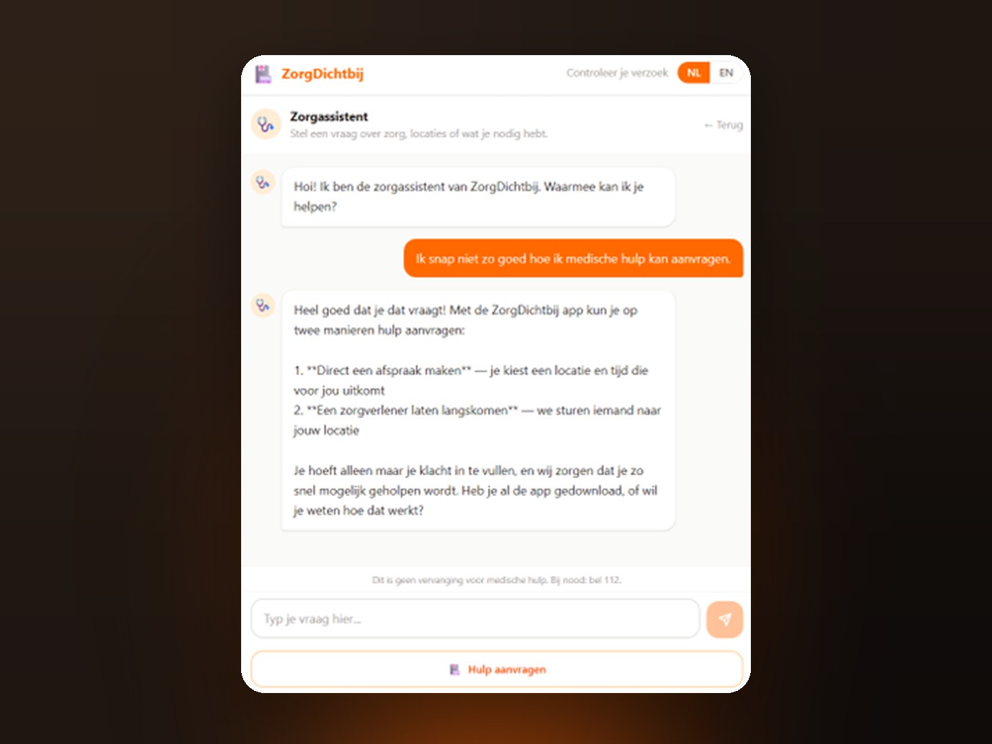 Chat with the ZorgDichtbij care assistant explaining how to request medical help