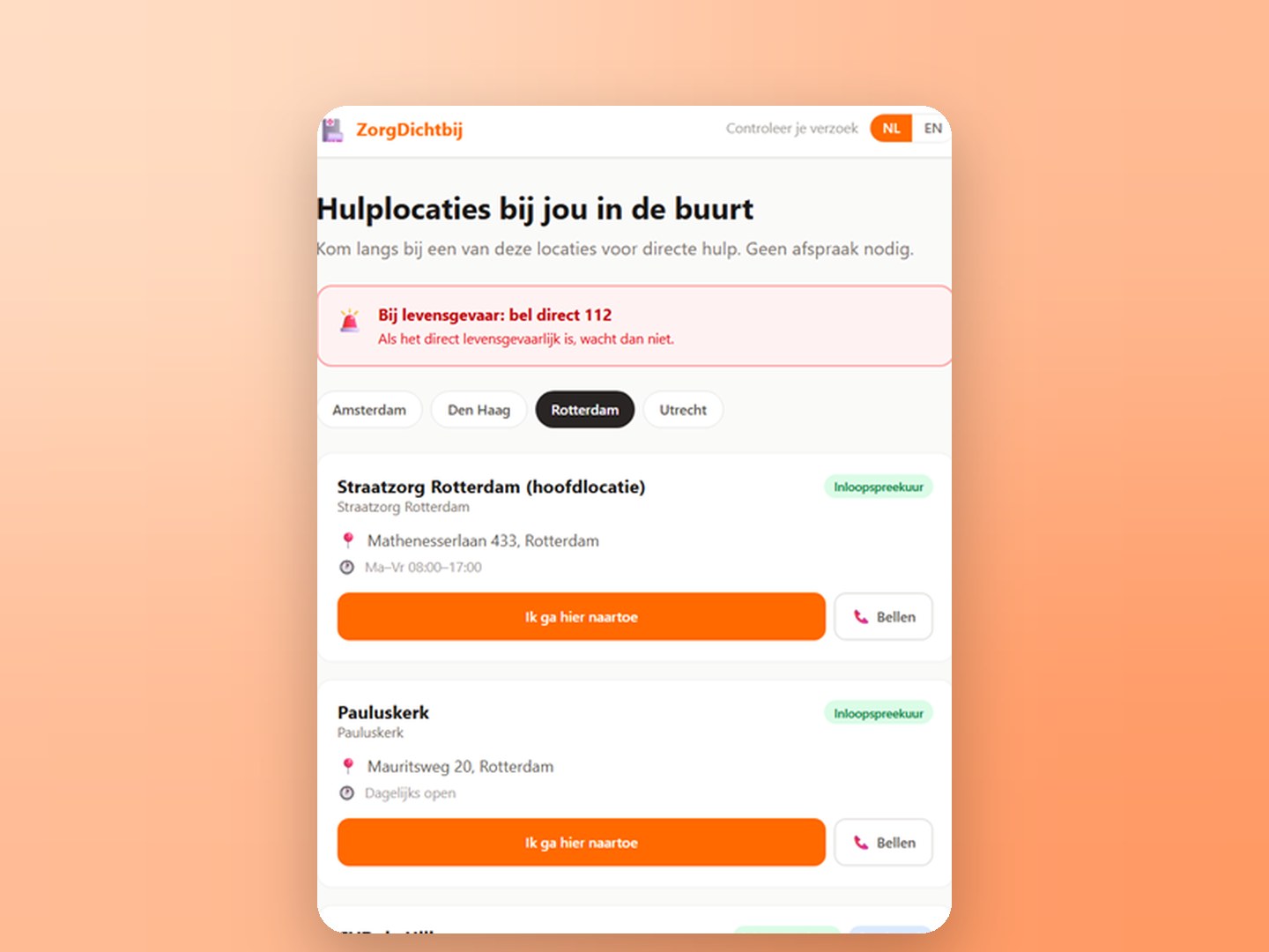 List of walk-in care locations in Rotterdam with address, opening hours and a call button