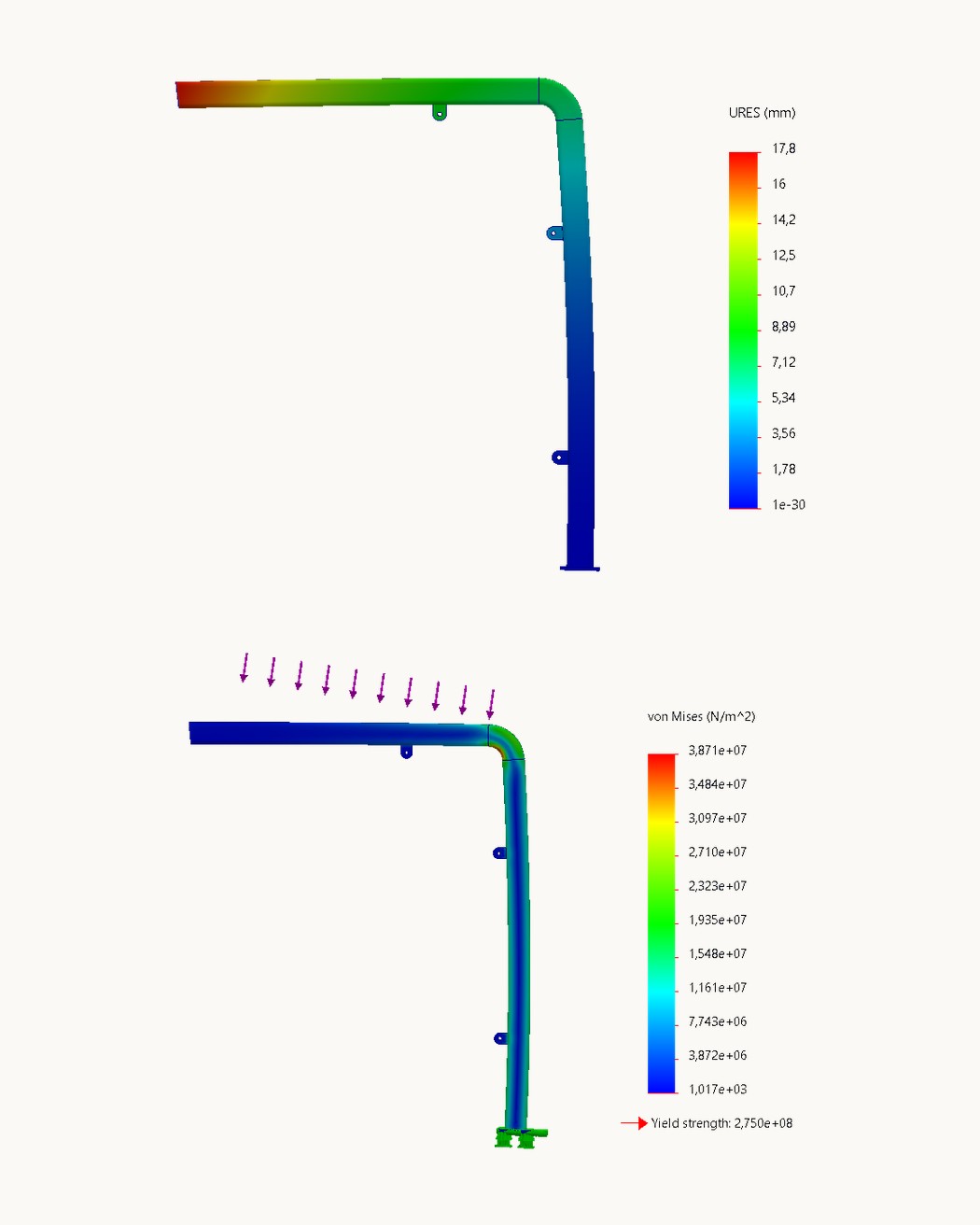 Two FEM plots of a post with its roof beam under snow load, showing deflection and stress