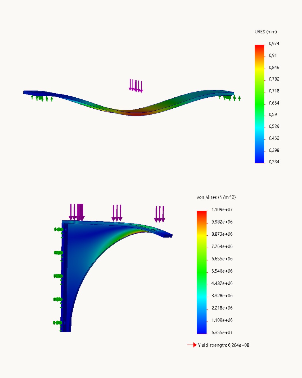 Two FEM plots of the seat: the seat plate bending under load and the stress in its support