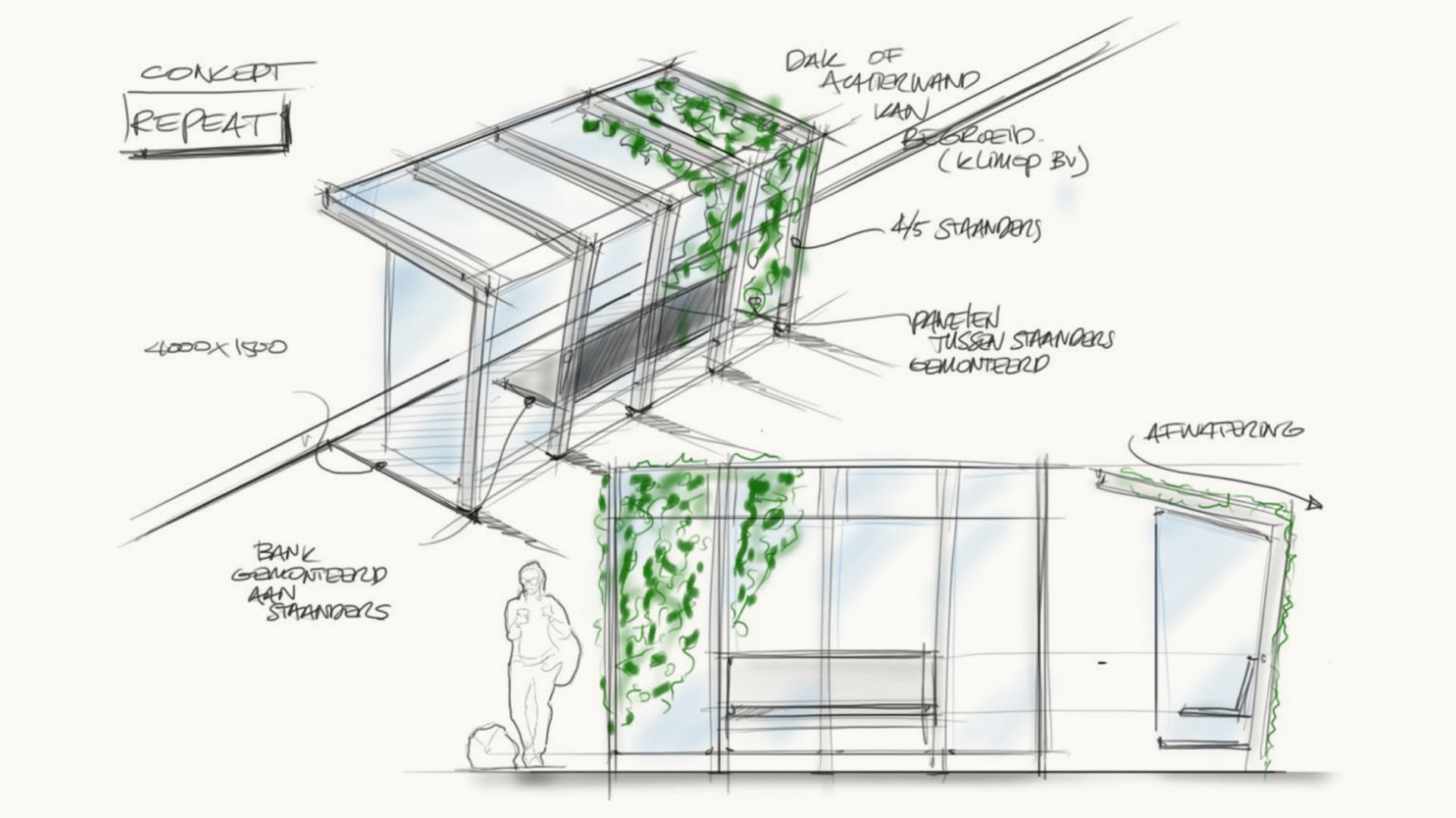 Concept sketch of the shelter in perspective, front and side view, with notes on the posts, the panels between them and the seat fixed to the posts