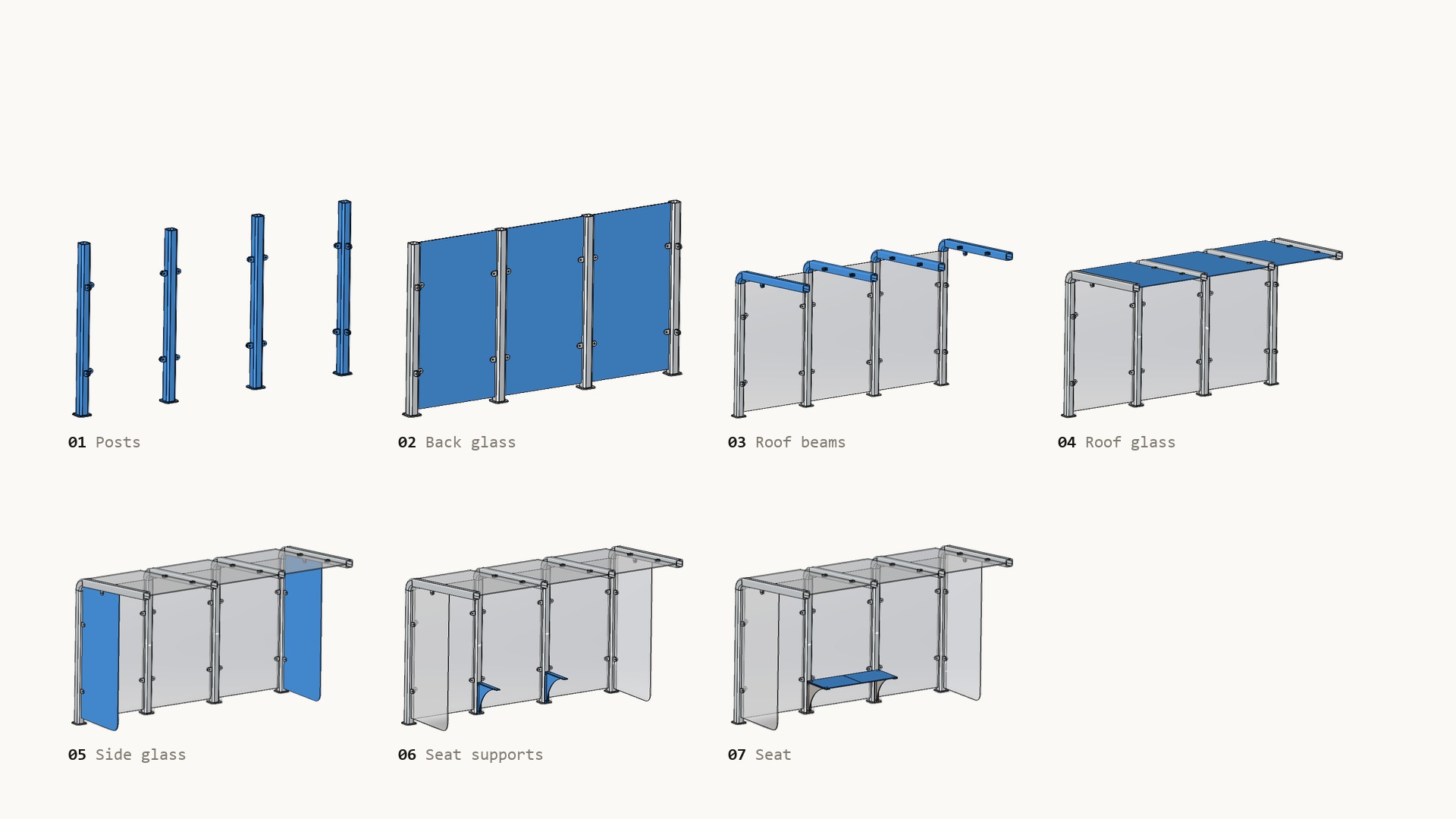 The assembly in seven steps: posts, back glass, roof beams, roof glass, side glass, seat supports and seat, with the new part in each step shown in blue