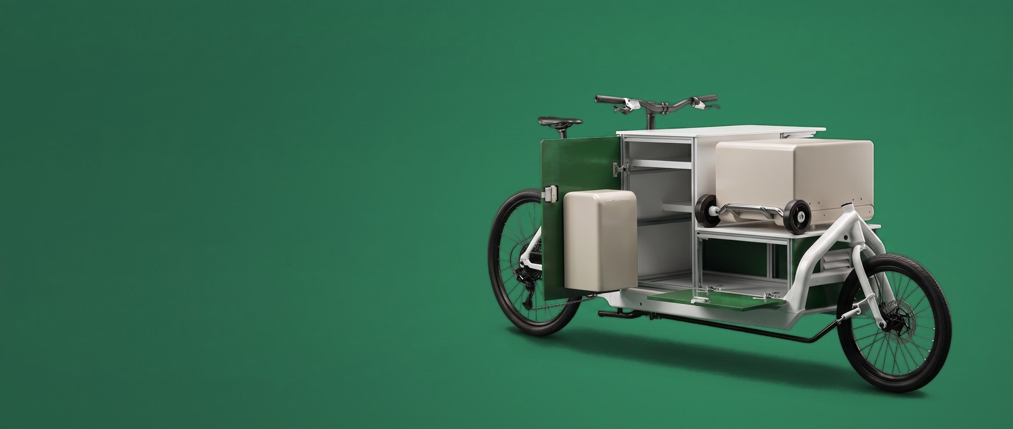Cargo bike with its cabinet folded open into a mobile care station