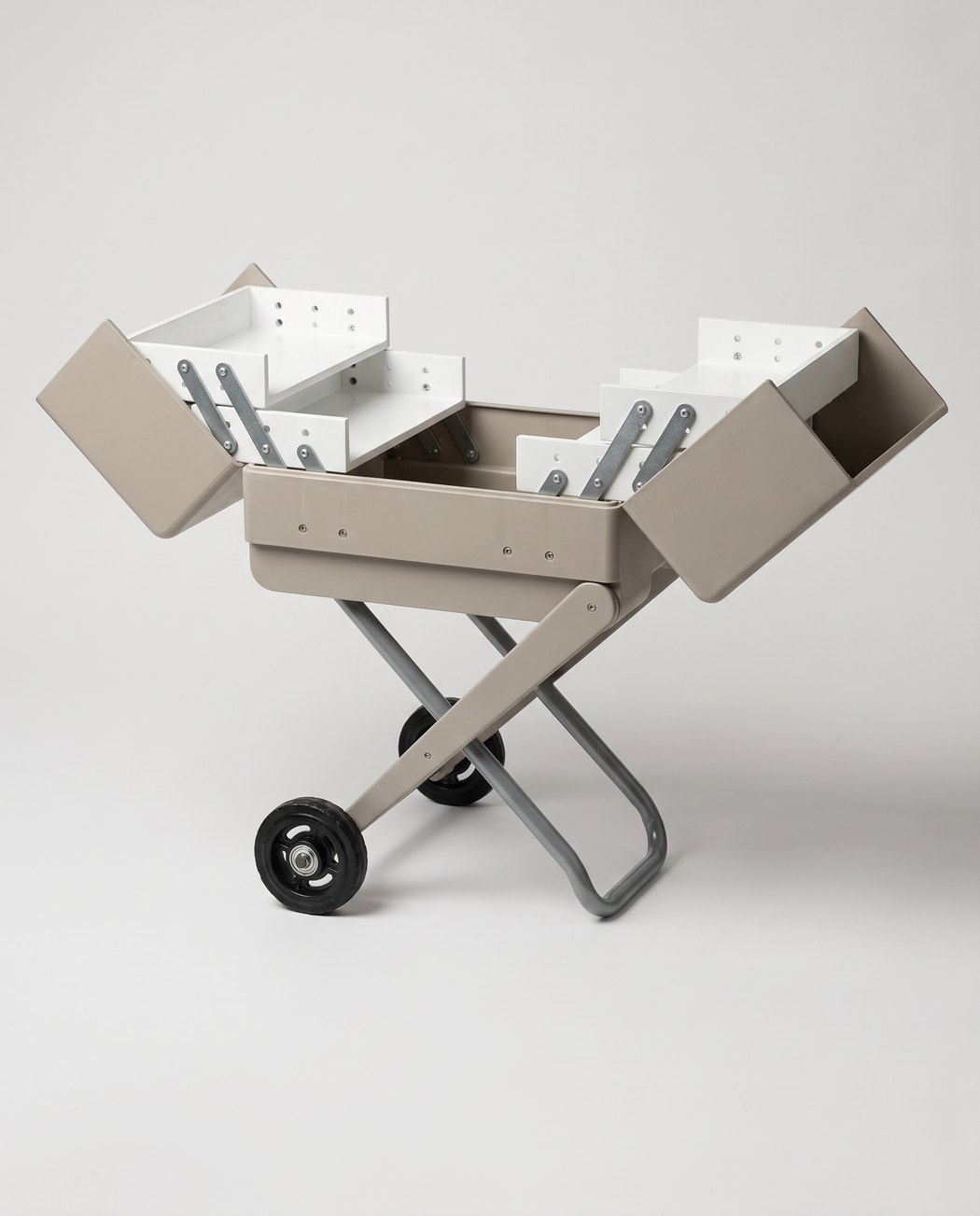 Render of the rolling case opened on its folding stand