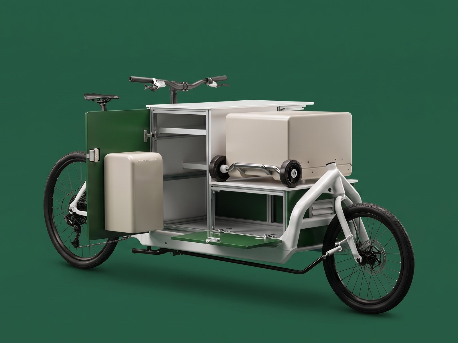 The Mobile Medical Unit: a cargo bike with its cabinet folded open