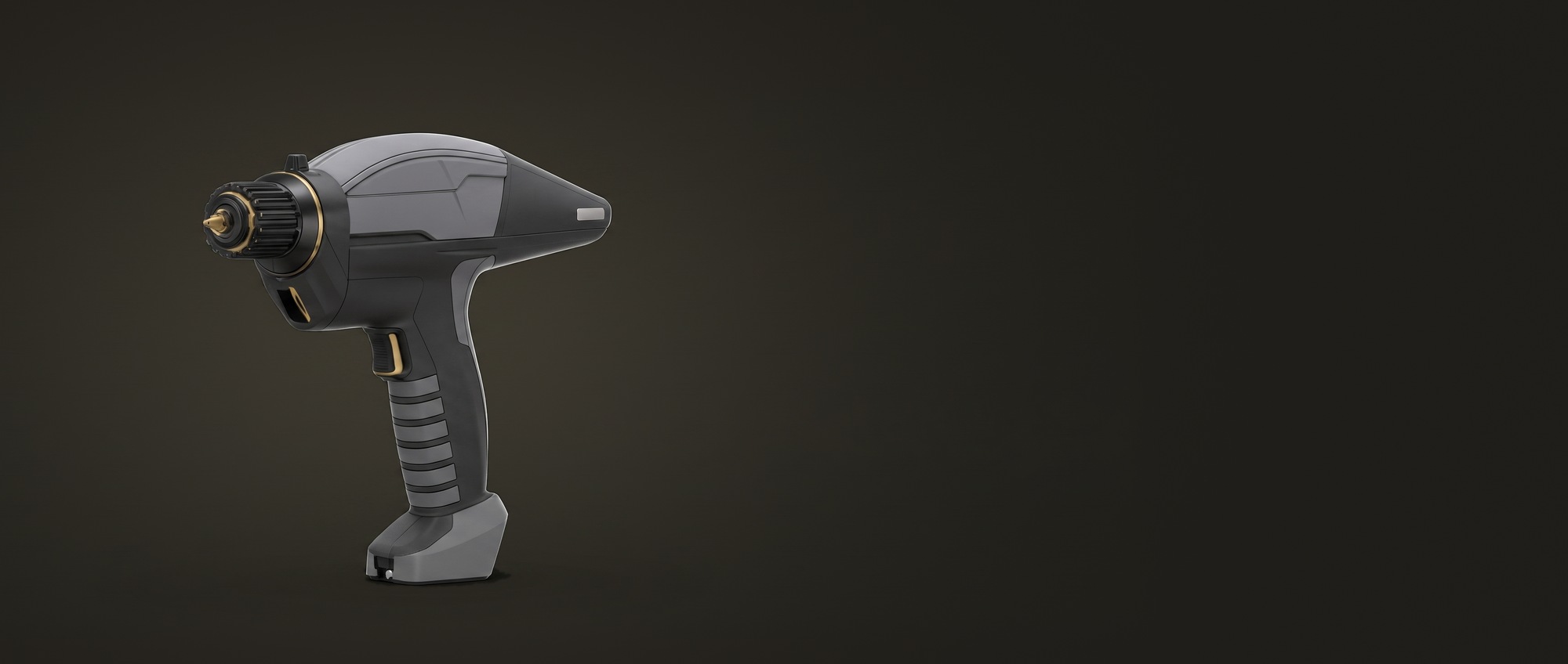 Cordless power tool in black and grey with gold accents, standing on its battery foot