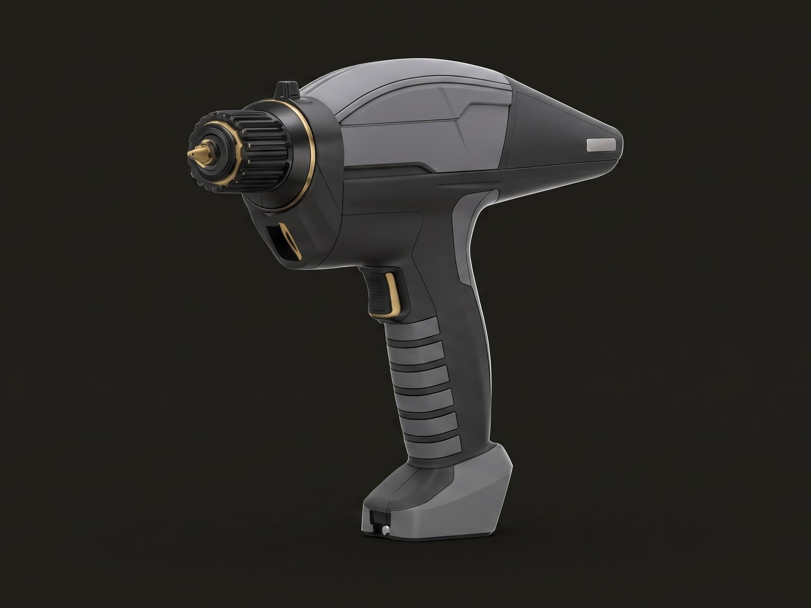 Cordless power tool in black and grey with gold accents