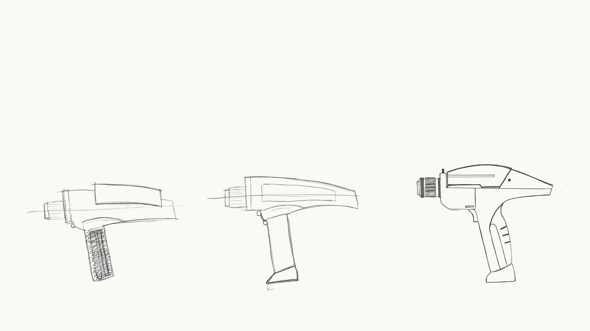 Three pencil sketches of the tool, from a rough outline to the final line drawing
